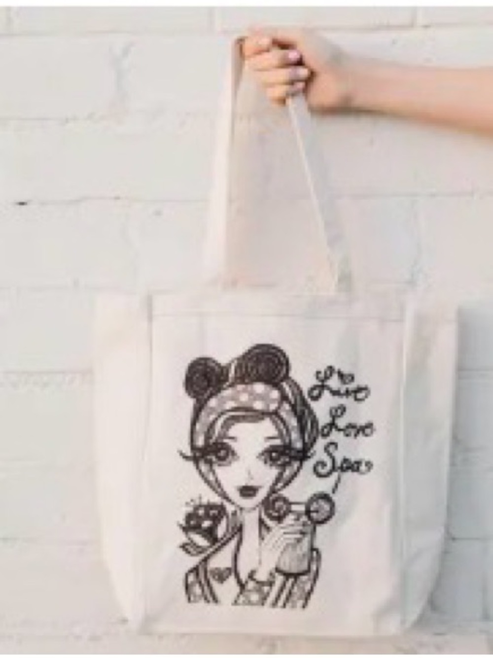 Cream Canvas Tote with Illustrated Girl Graphic